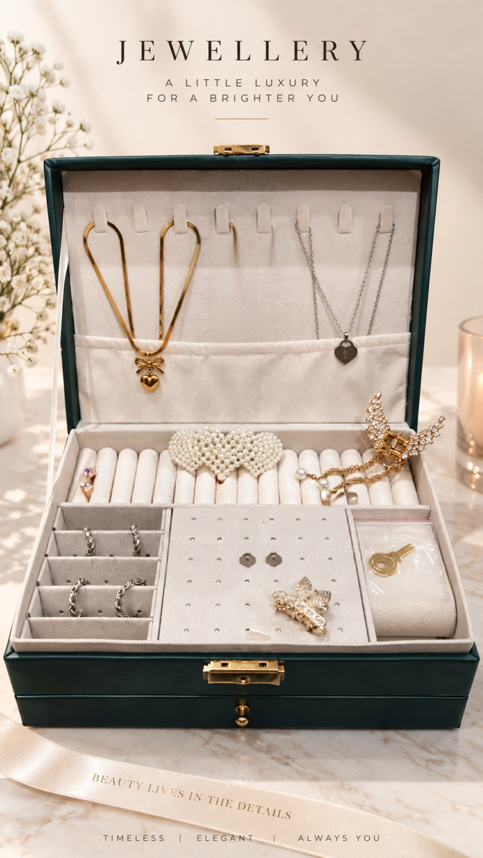Two-Layer Jewellery Box — Velvet-Lined (+ FREE Set of 9 pieces jewelry bundle )