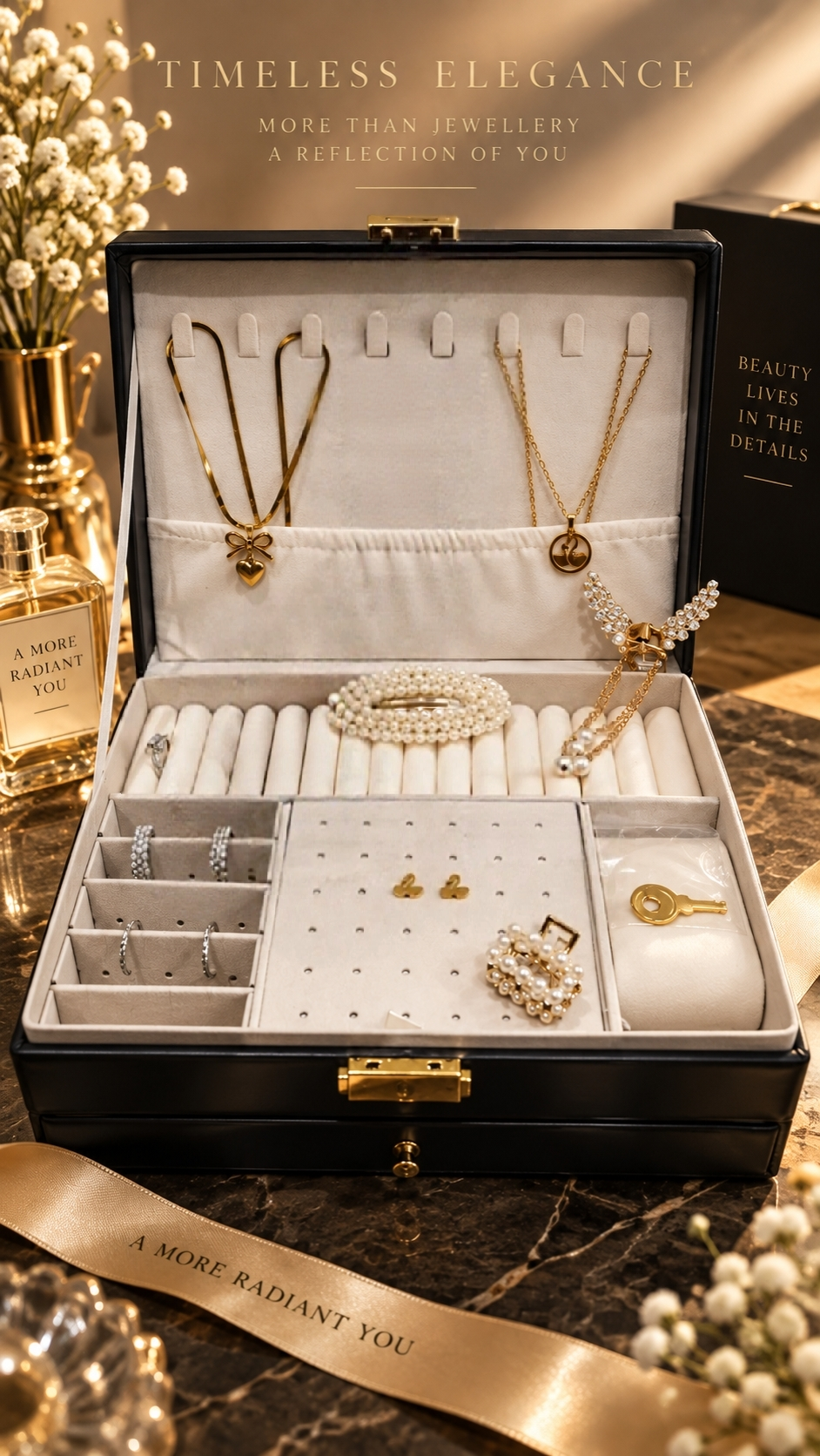 Two-Layer Jewellery Box — Velvet-Lined (+ FREE Set of 9 pieces jewelry bundle )