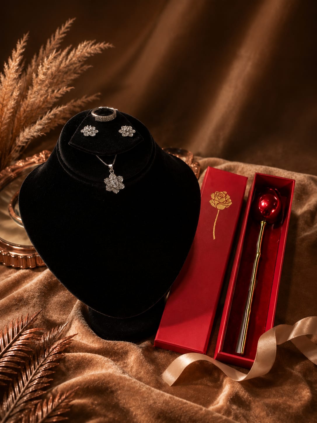 The matching jewelry set resting beside the rose inside the box