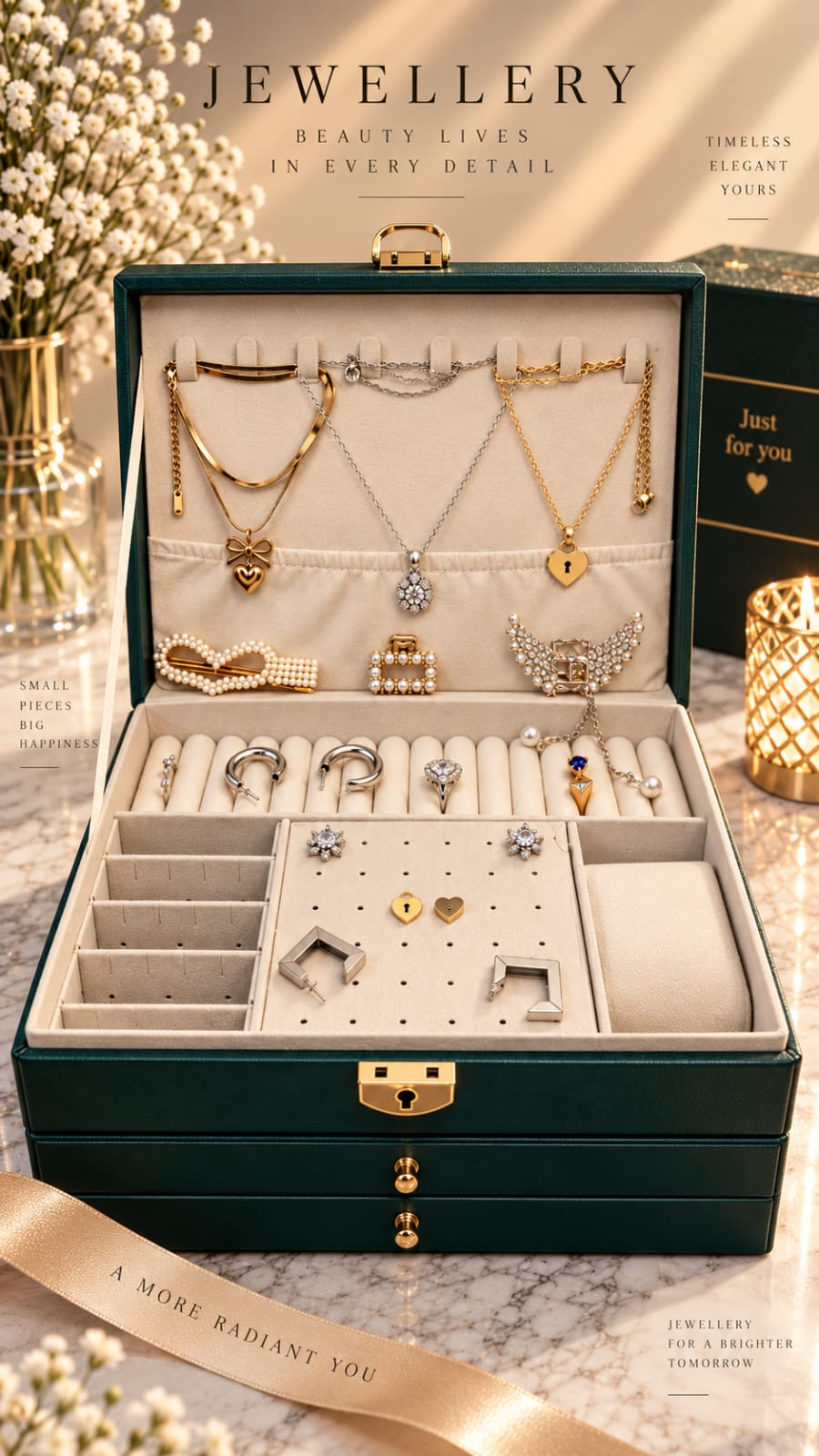 Three-Layer jewellery box in green with the free crystal jewellery set