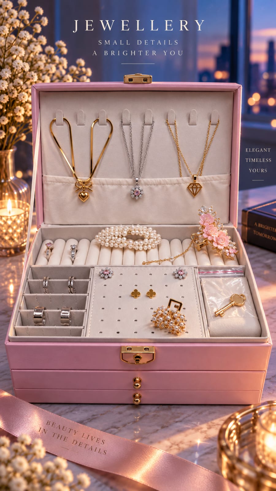 Three-Layer jewellery box in pink, styled with the free crystal jewellery set inside