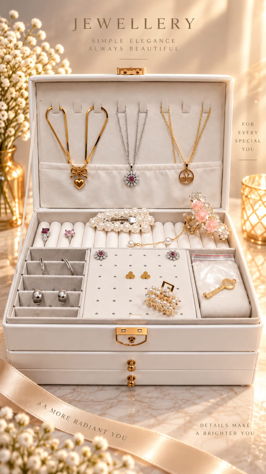 Three-Layer jewellery box in white, filled with necklaces, rings and earrings