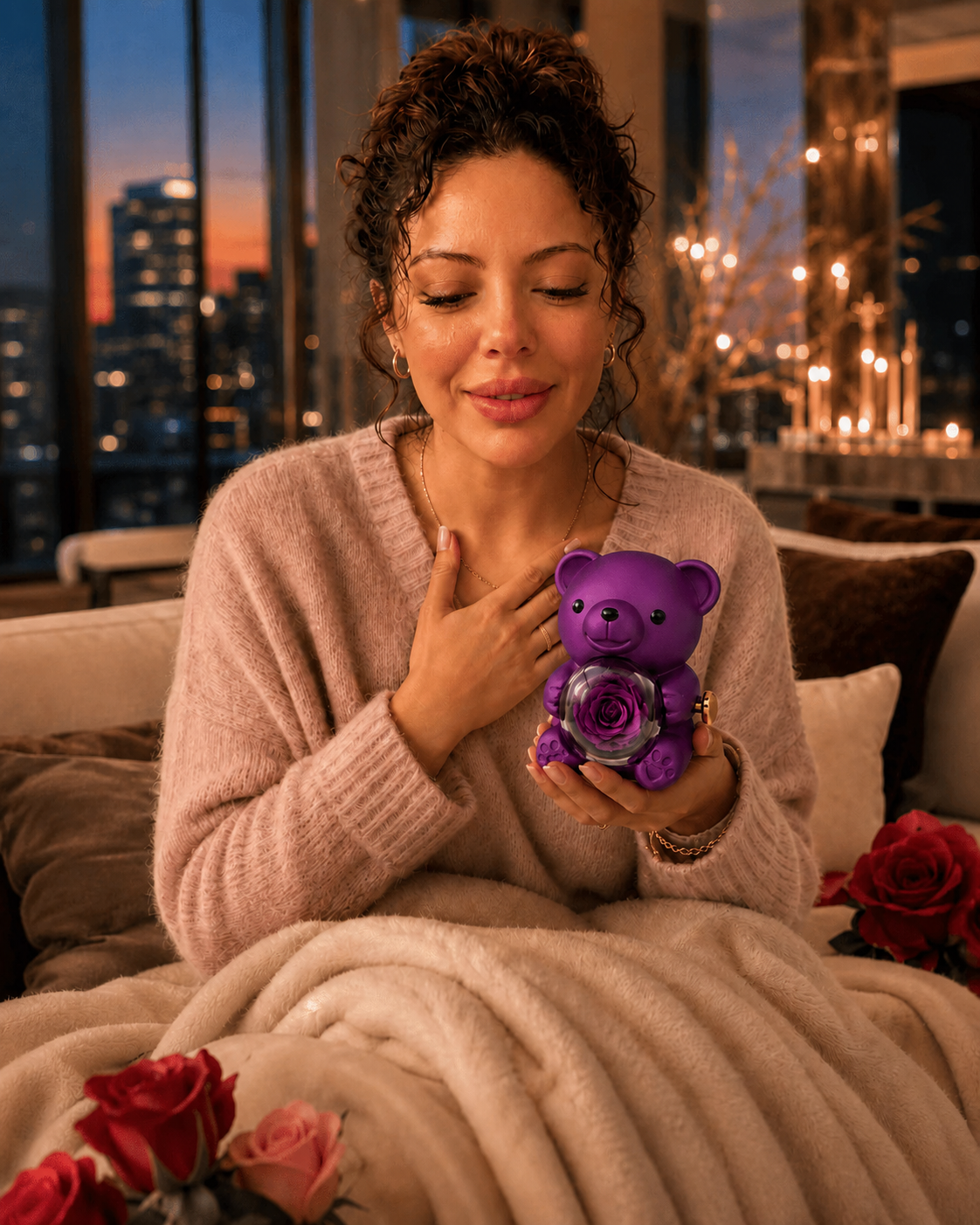 A woman holding the bear, the preserved rose glowing behind its glass cover