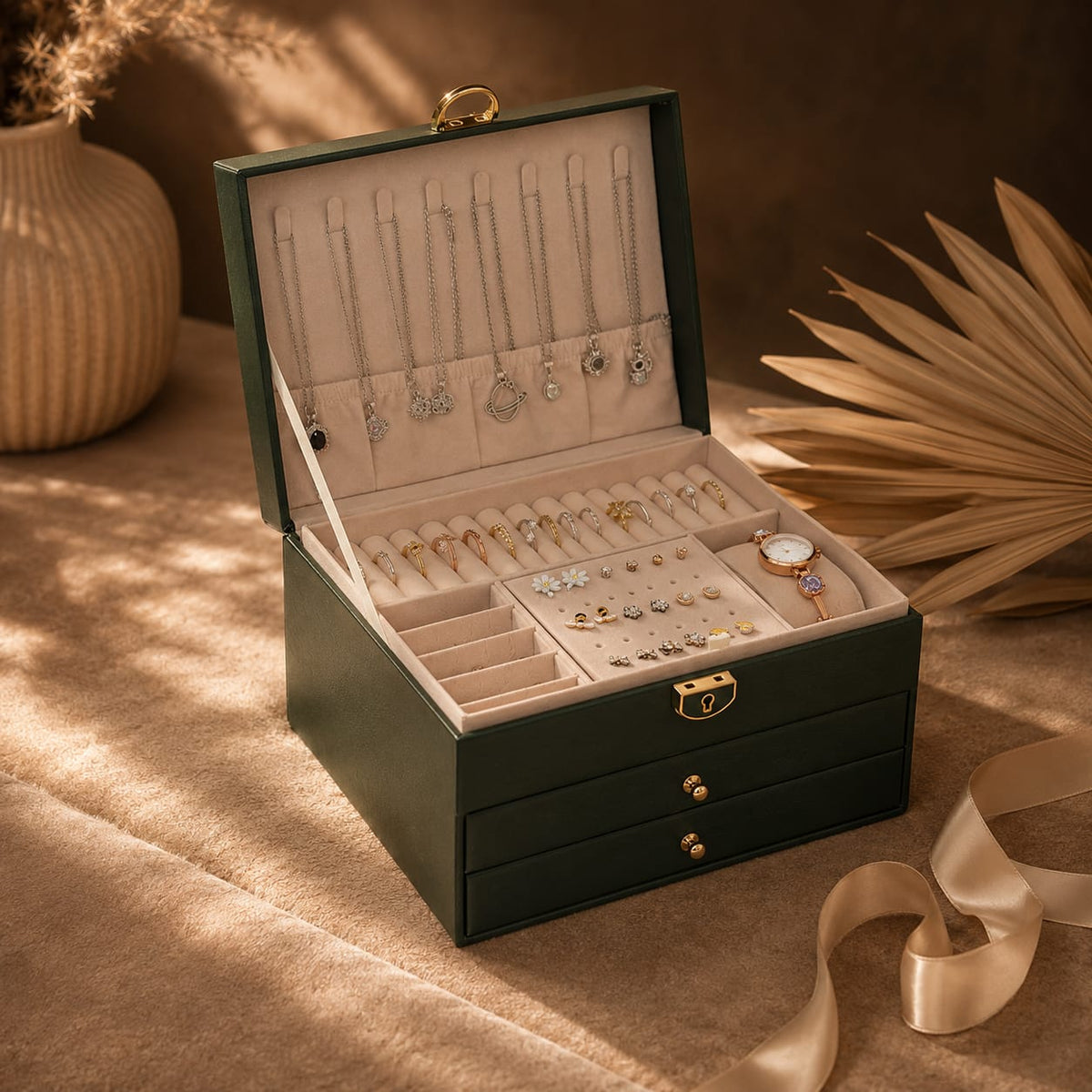 The box open, necklaces hanging from hooks inside the lid above the ring rolls and earring grid of the top tray