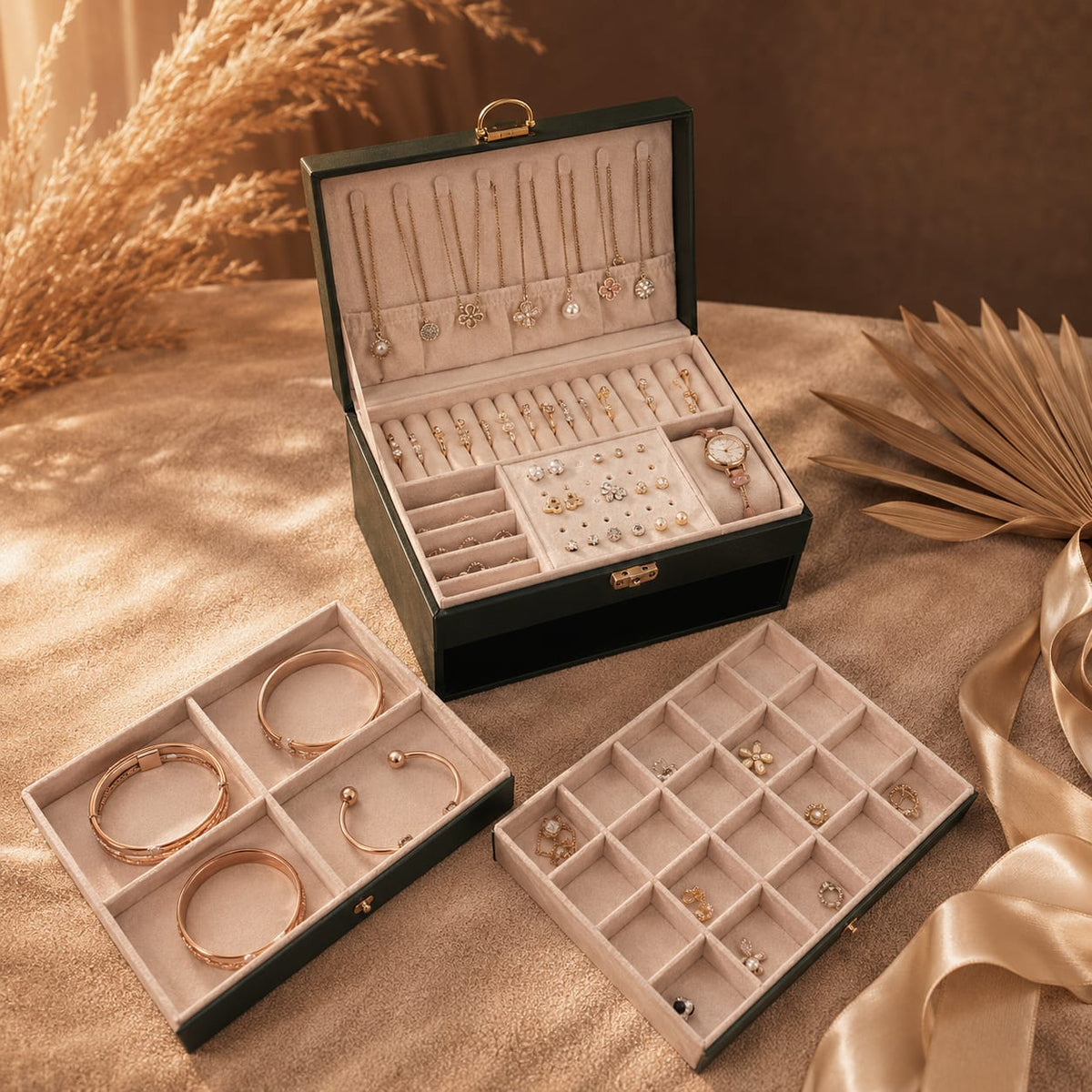 The velvet compartment trays lifted out of the box and set on the surface beside it