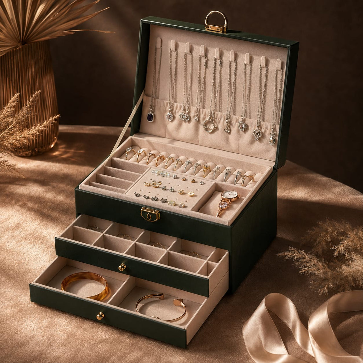 Both drawers pulled out below the open lid, showing the divided compartments inside each one